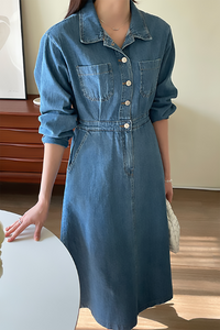 Front Button Shirt Denim Midi Dress