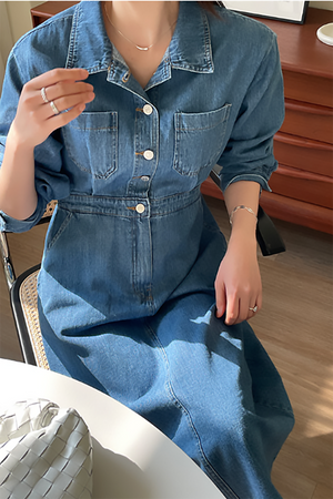 Front Button Shirt Denim Midi Dress