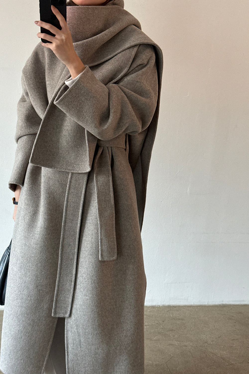 Belted Long Coat with Scarf