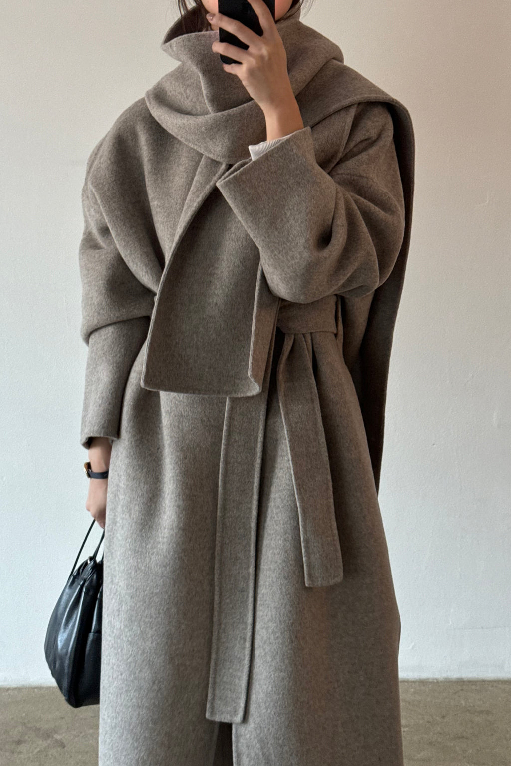 Belted Long Coat with Scarf