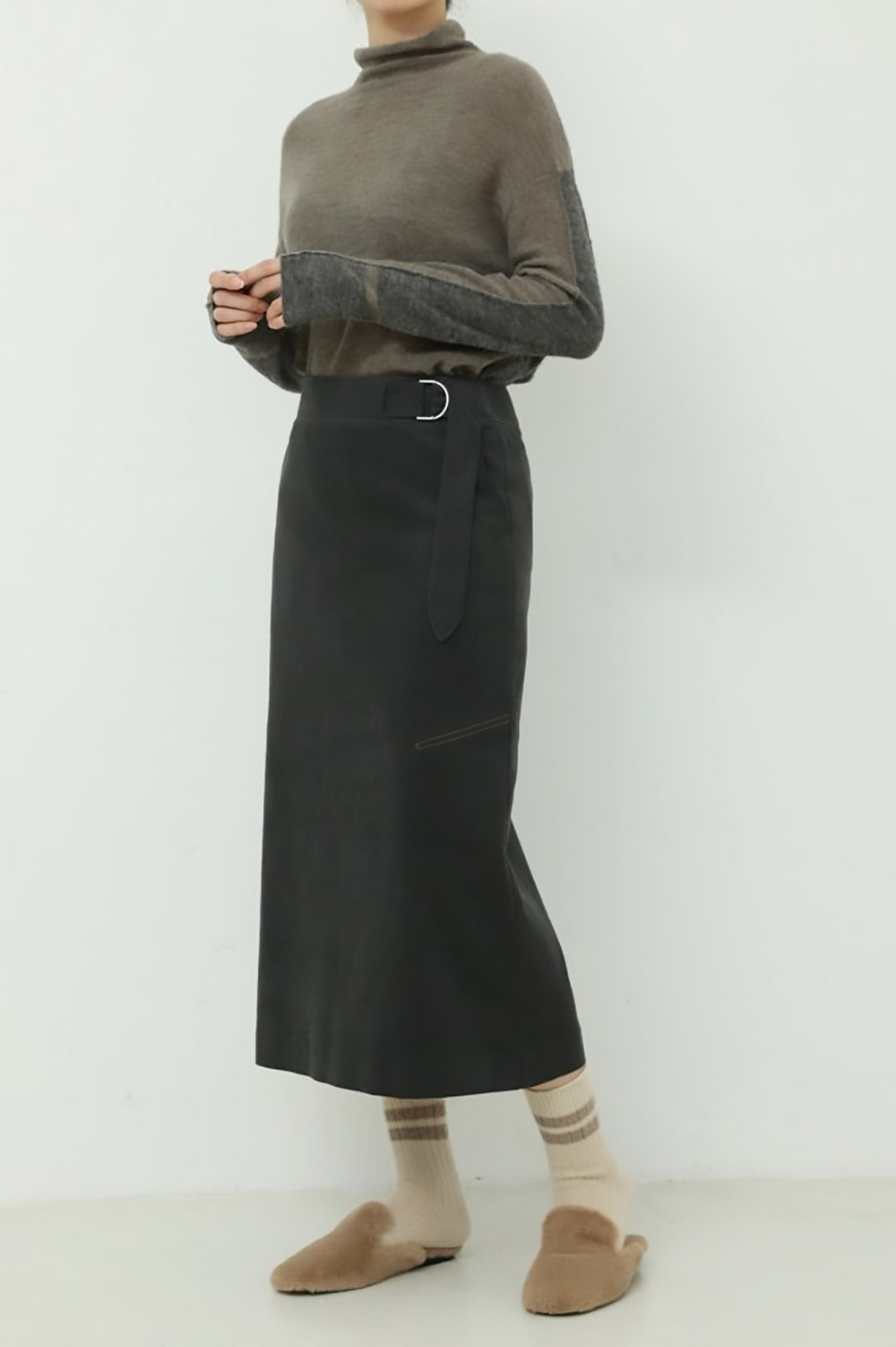 D-Ring Waist Side Slit Midi Skirt