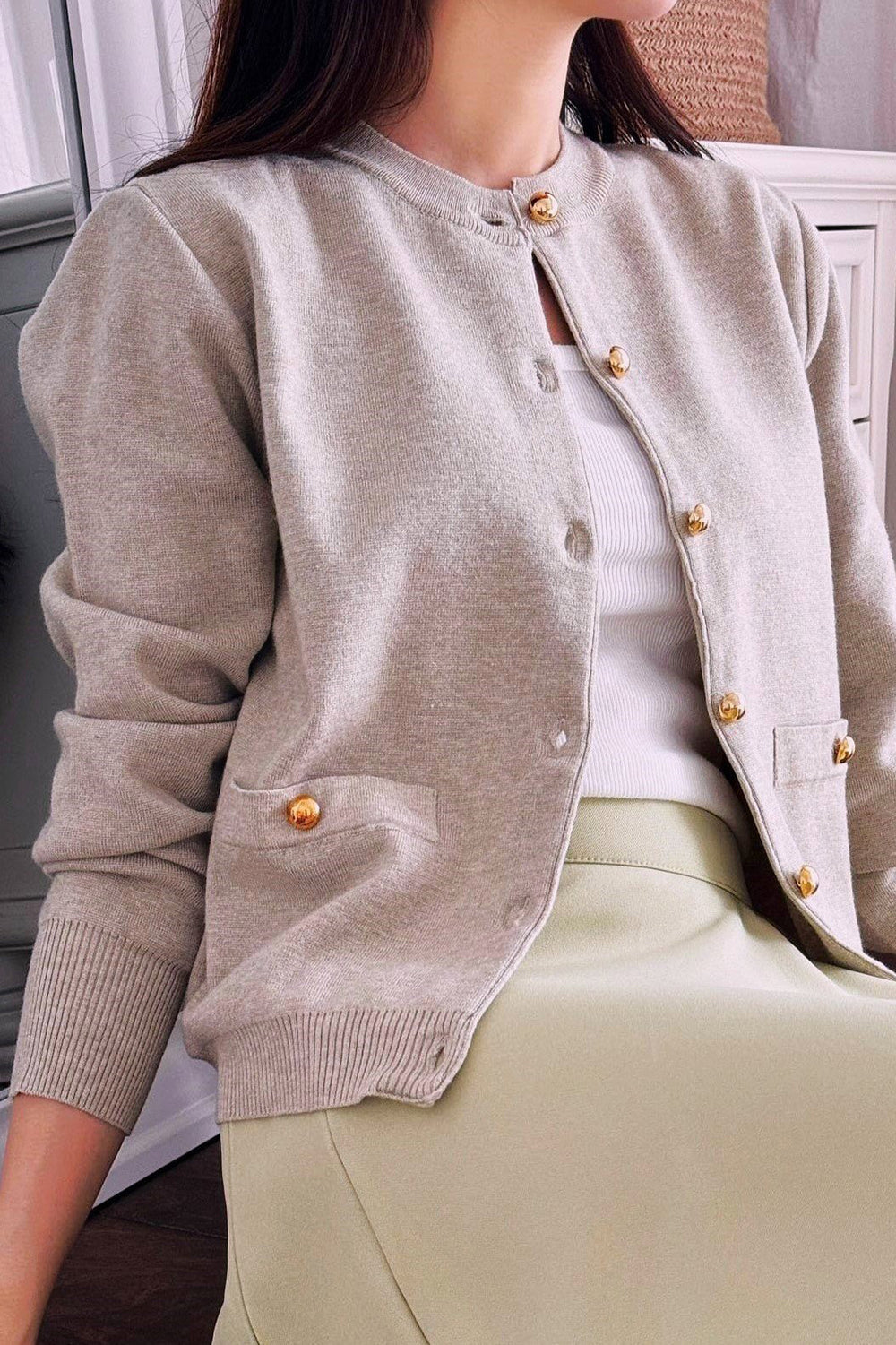 Crewneck Gold Button Cardigan