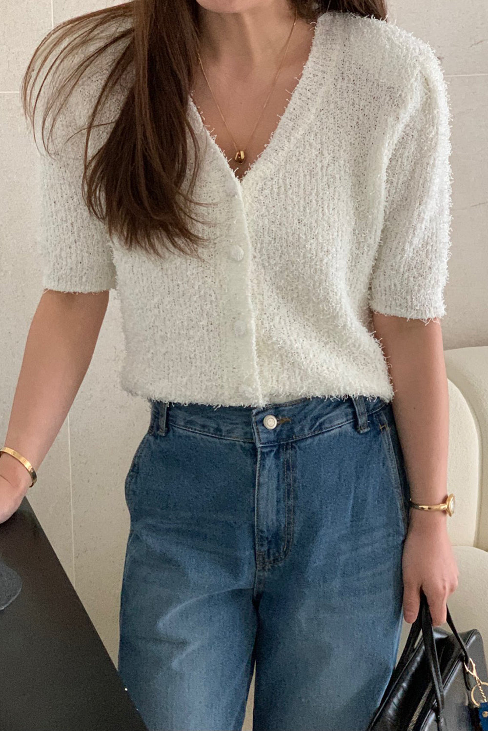 Short Sleeve Boucle Cardigan