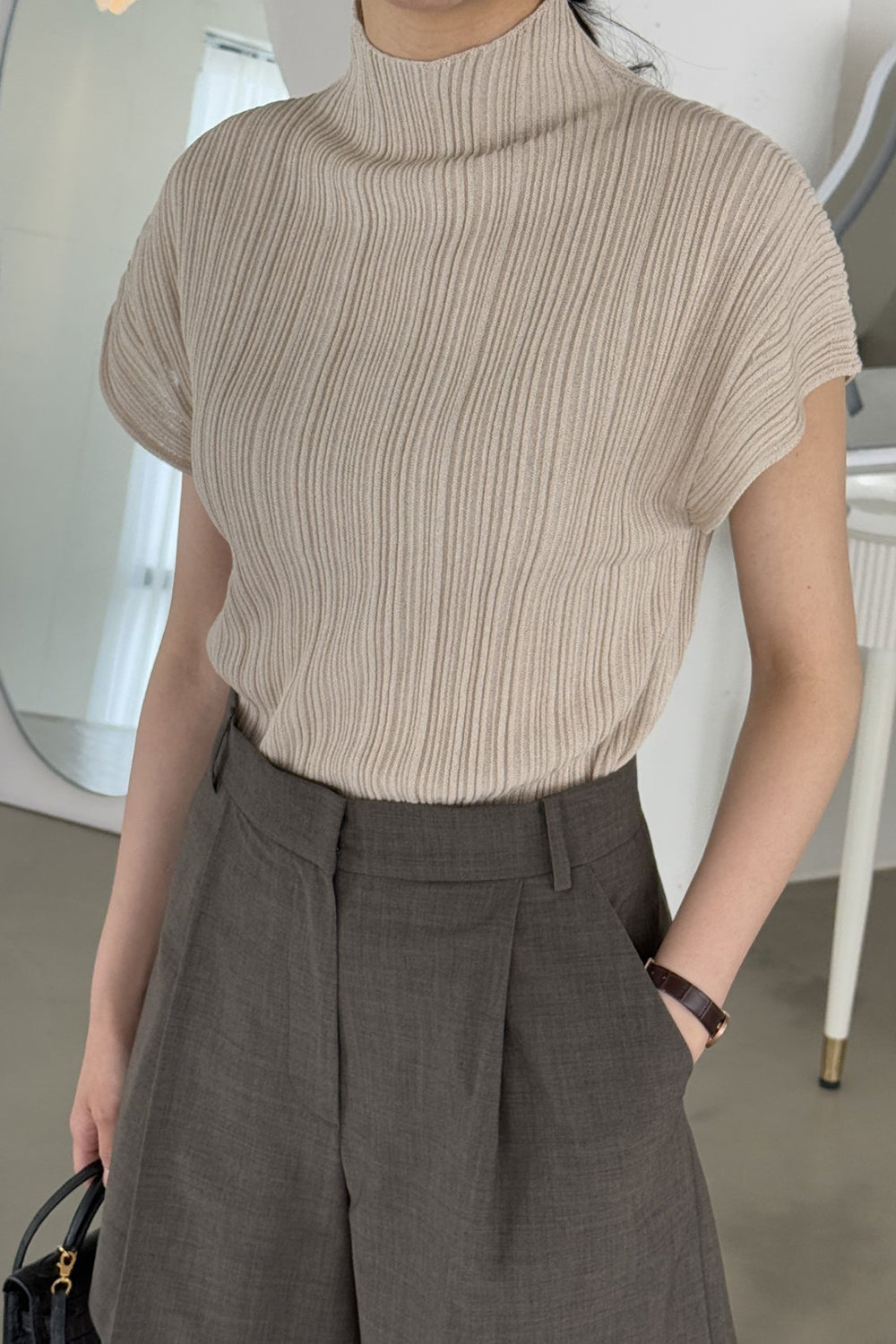 Pleated Mockneck Knit Top