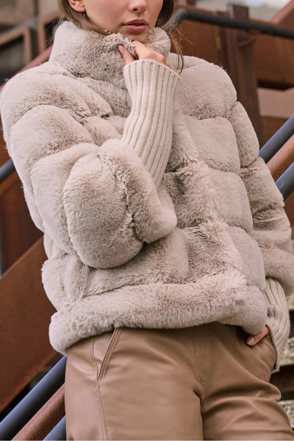 Knit Sleeved Faux Fur Coat