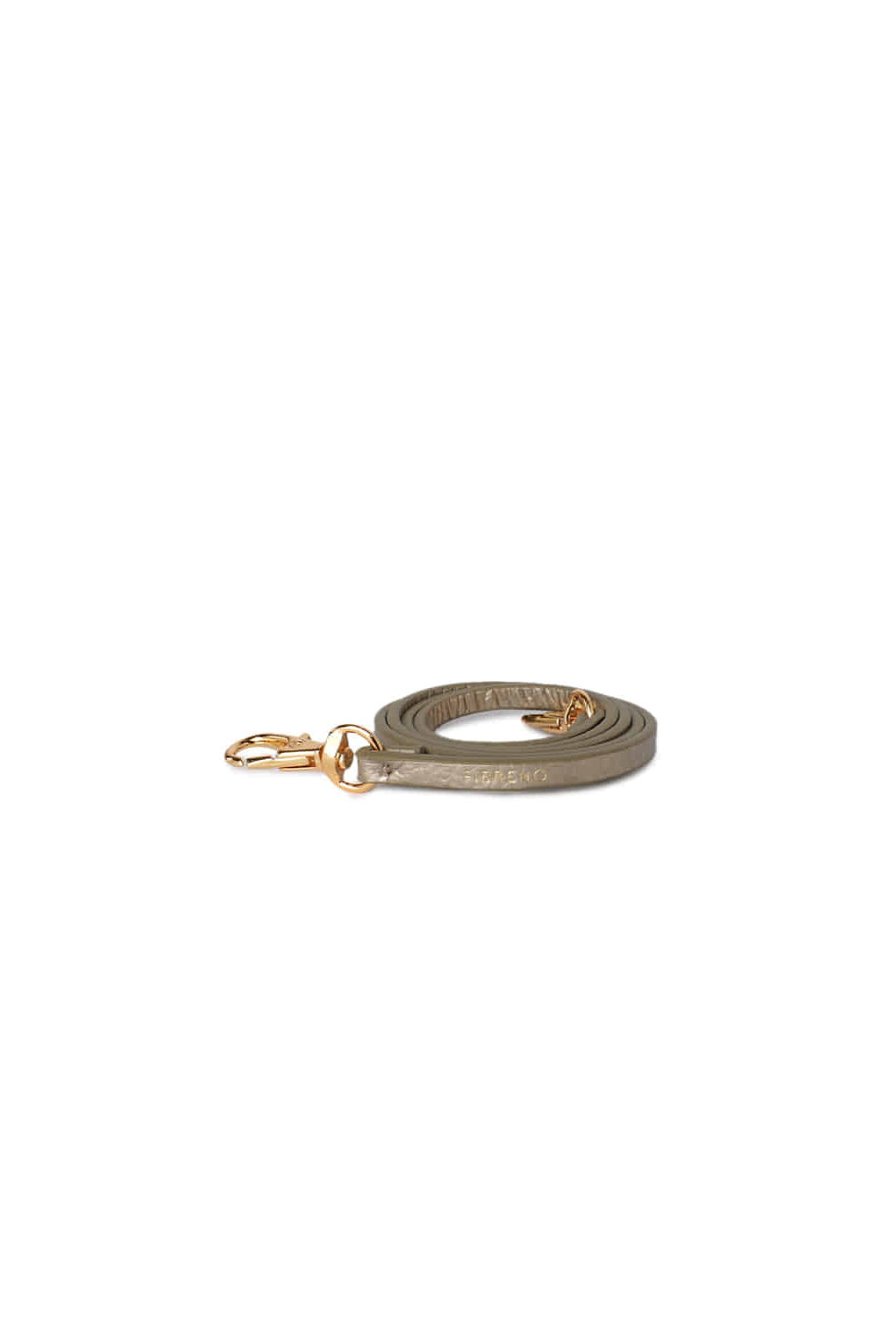 Gold synthetic leather Fettuccine Strap with gold-tone hardware, a key ring, and a lobster clasp on a white background.