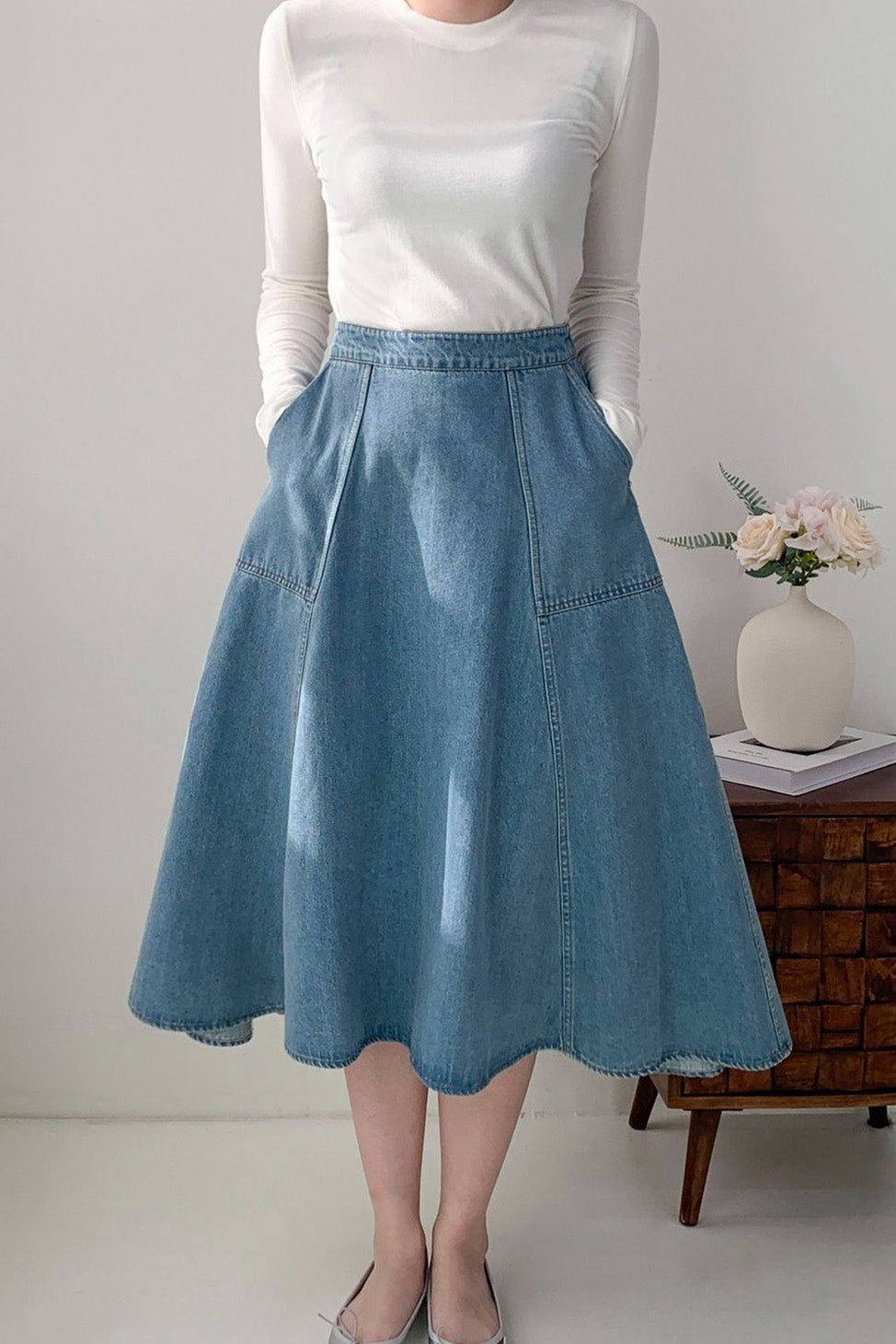 Front Pocket Flared Denim Midi Skirt