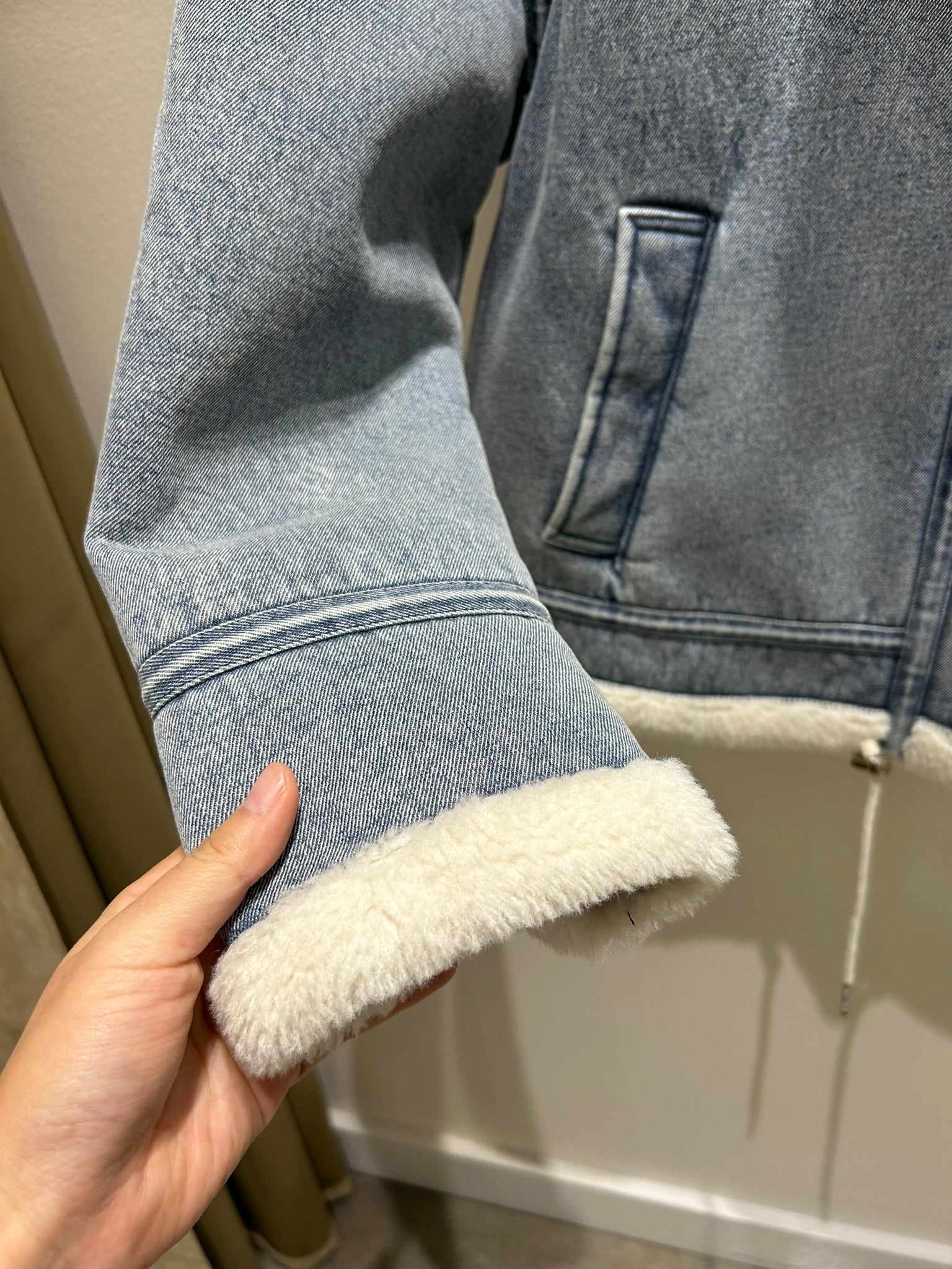 Faux Shearling Trim Denim Coat