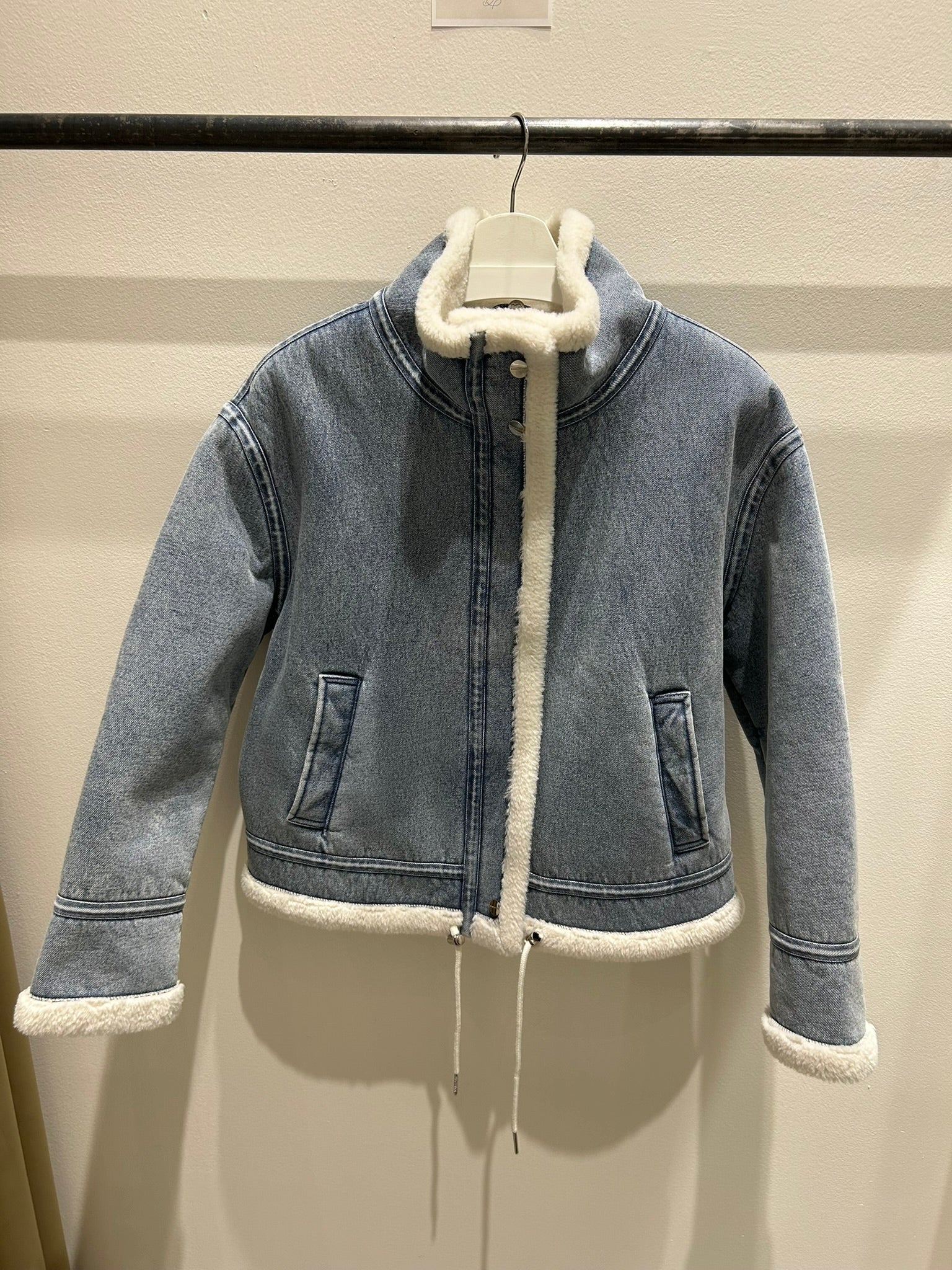 Faux Shearling Trim Denim Coat