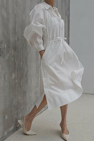 Long Puff Sleeve Belted Shirt Dress