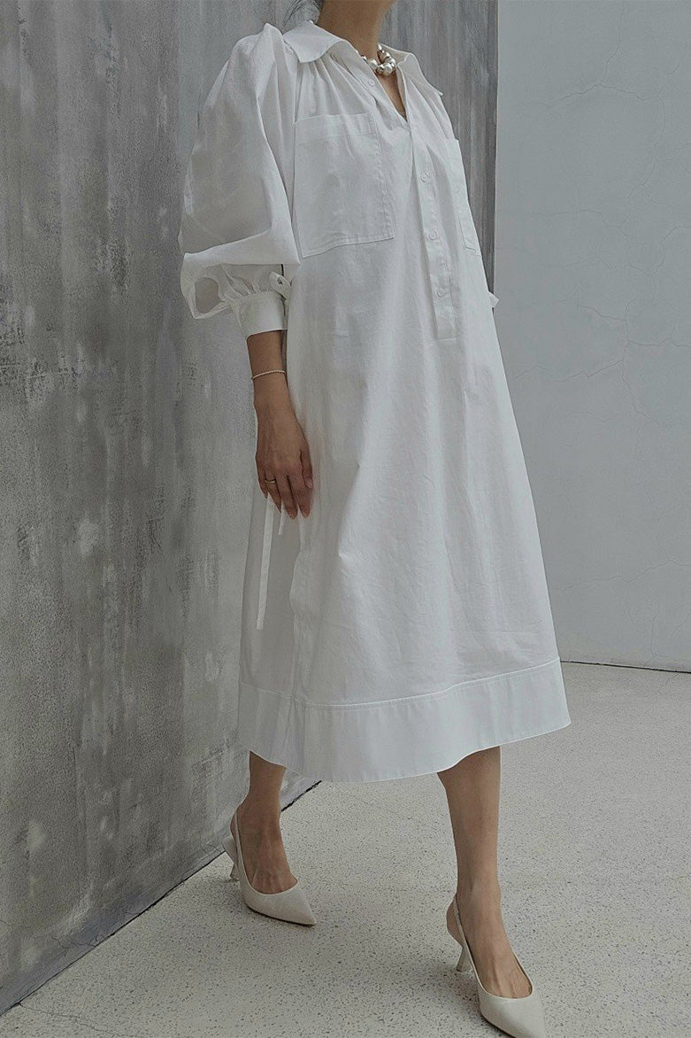 Long Puff Sleeve Belted Shirt Dress