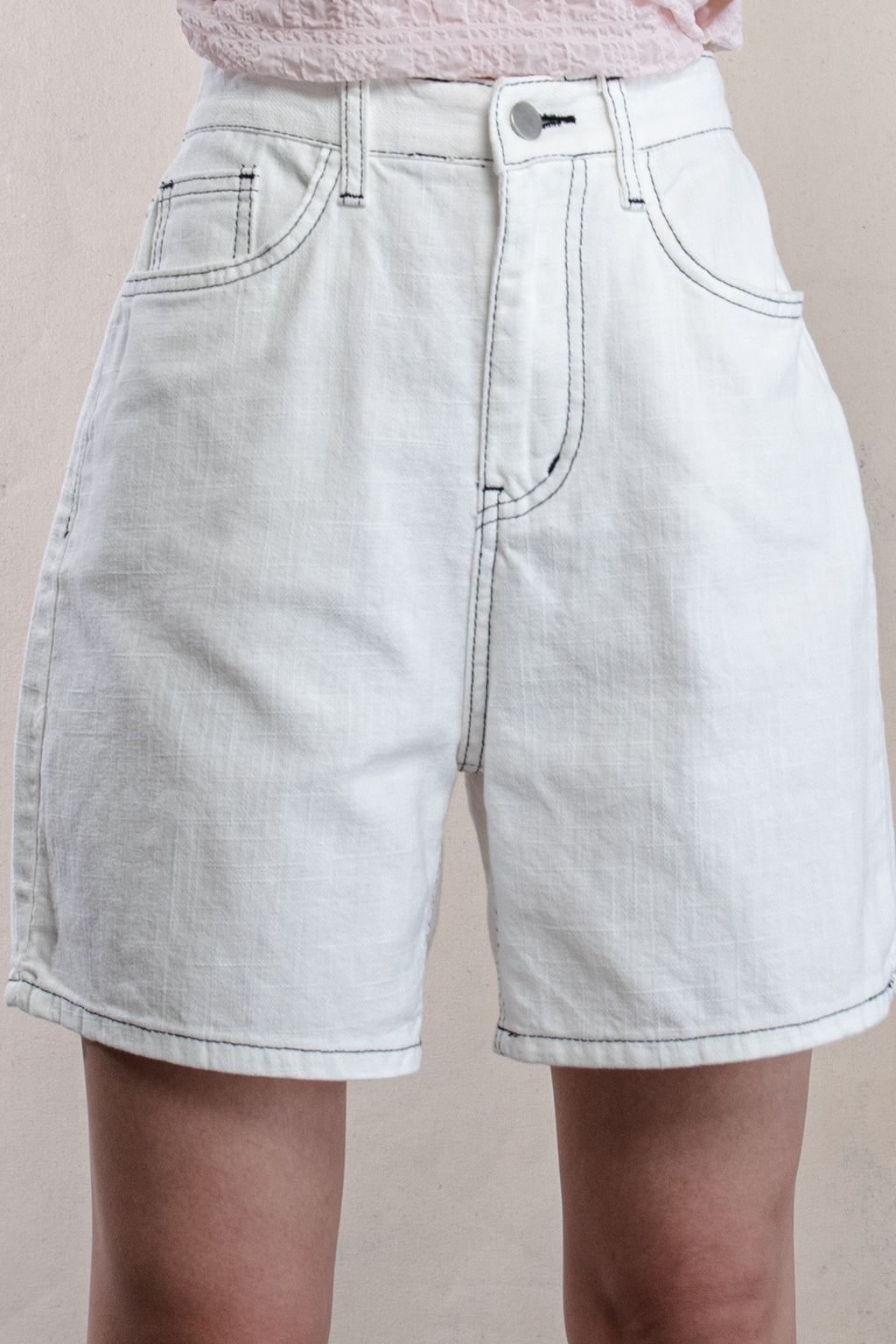 Contrast Stitch Linen Midi Shorts