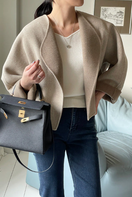 Round Neck Relaxed Fit Herringbone Wool Jacket