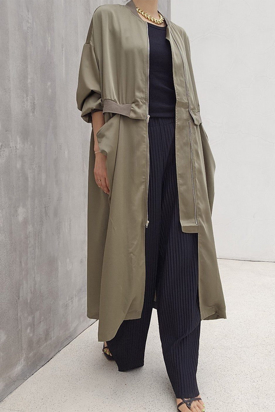 Satin Effect Long Bomber Jacket