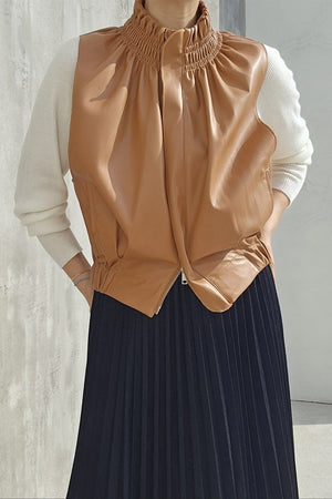 Shirred Neck Vegan Leather Blouson Vest