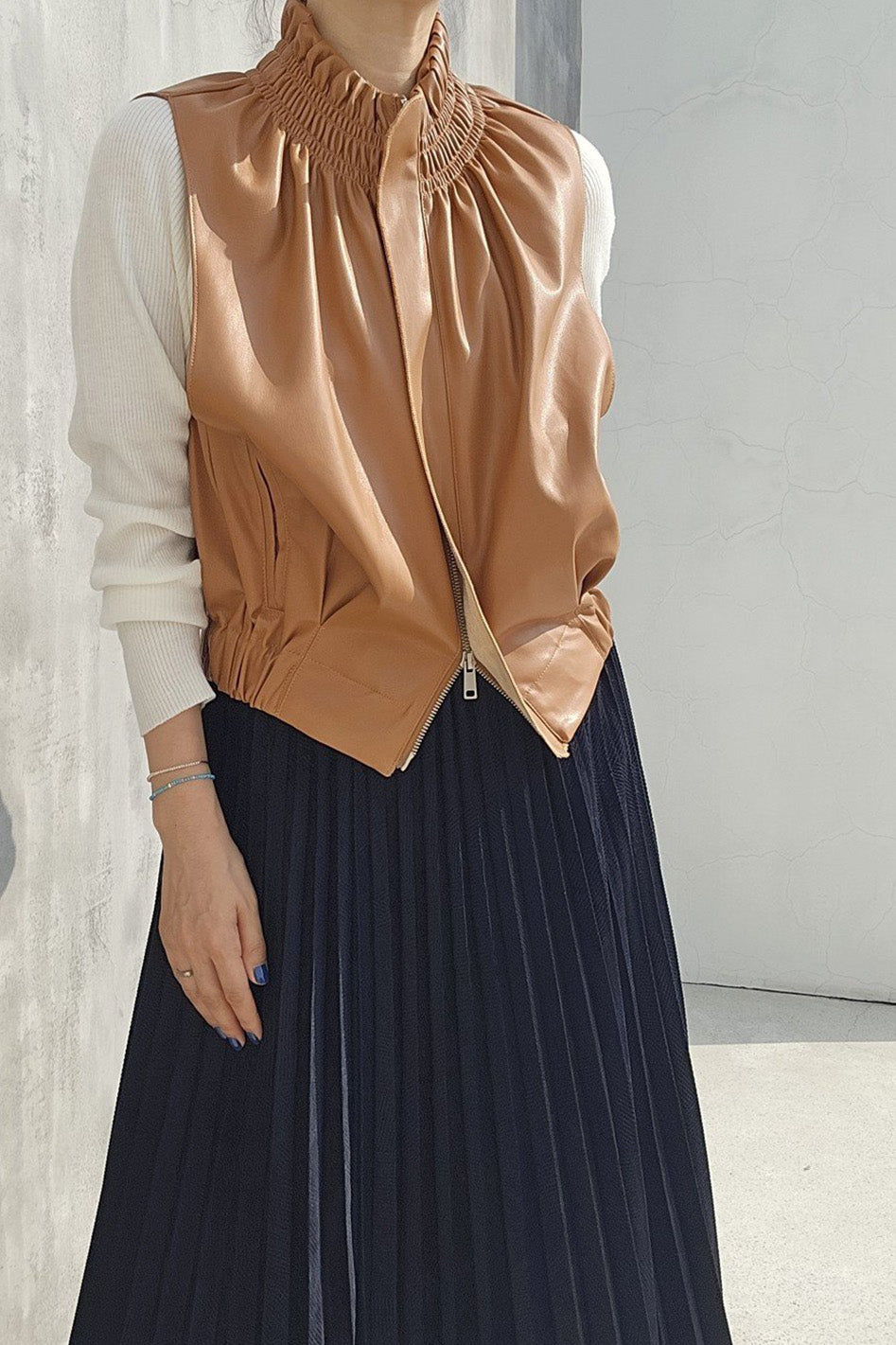 Shirred Neck Vegan Leather Blouson Vest