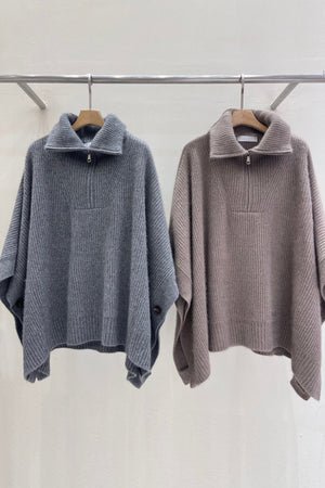 Side Button Front Zip Poncho Sweater