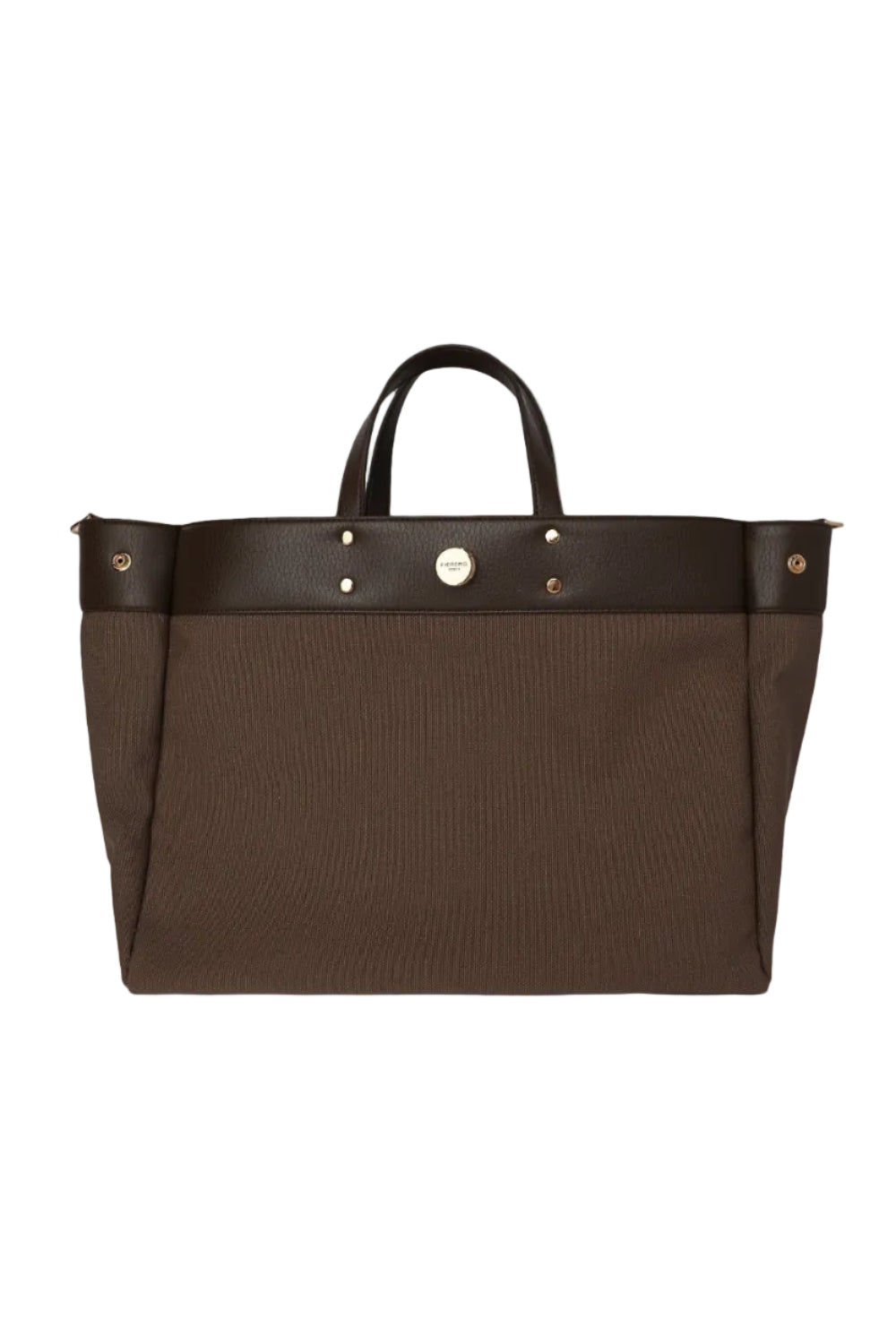 Khaki two-tone medium tote bag made from canvas and synthetic leather, with top handles and gold-tone hardware.