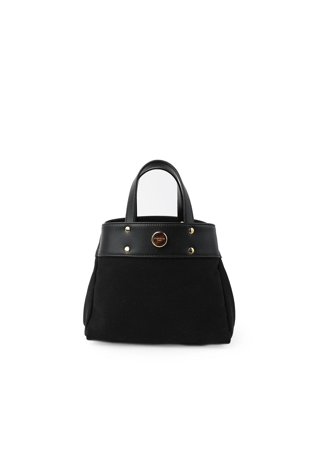 Black two-tone small tote bag with synthetic leather trim, gold-tone hardware, top handles, and an adjustable shoulder strap.