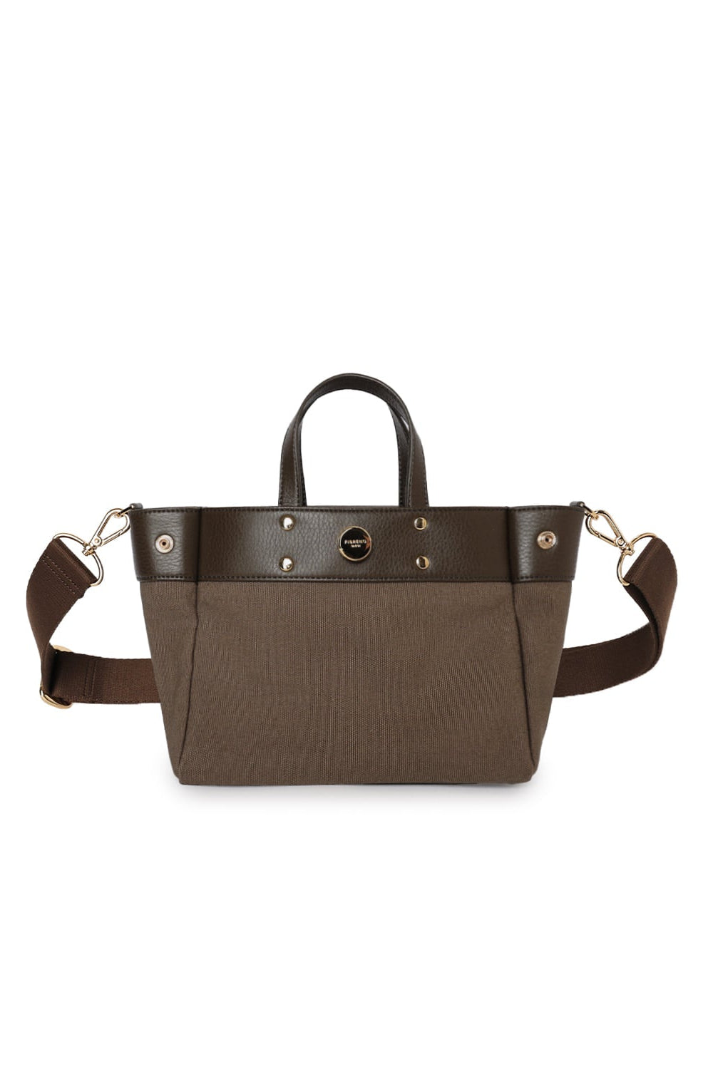 Brown two-tone small tote bag with contrasting trim and gold-tone hardware.