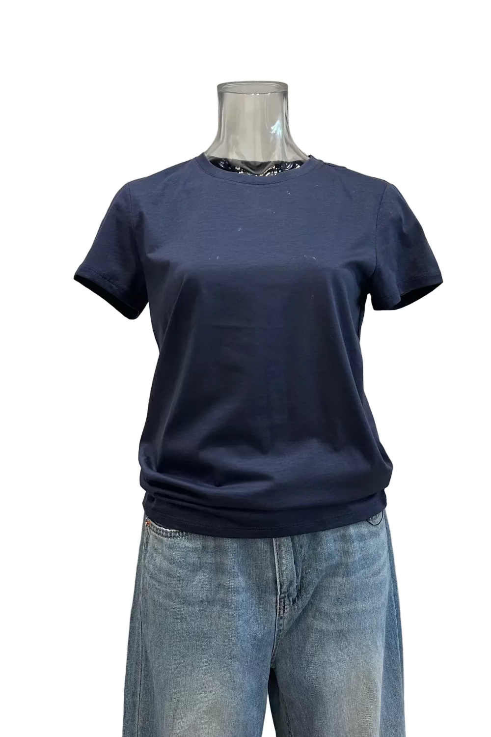 Navy blue thin jersey short-sleeve crewneck T-shirt displayed on a mannequin, paired with light-wash jeans.