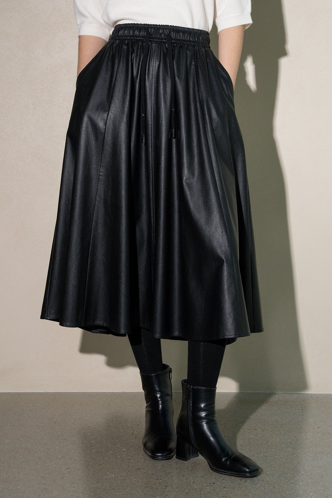 Faux Leather Pleated Midi Skirt