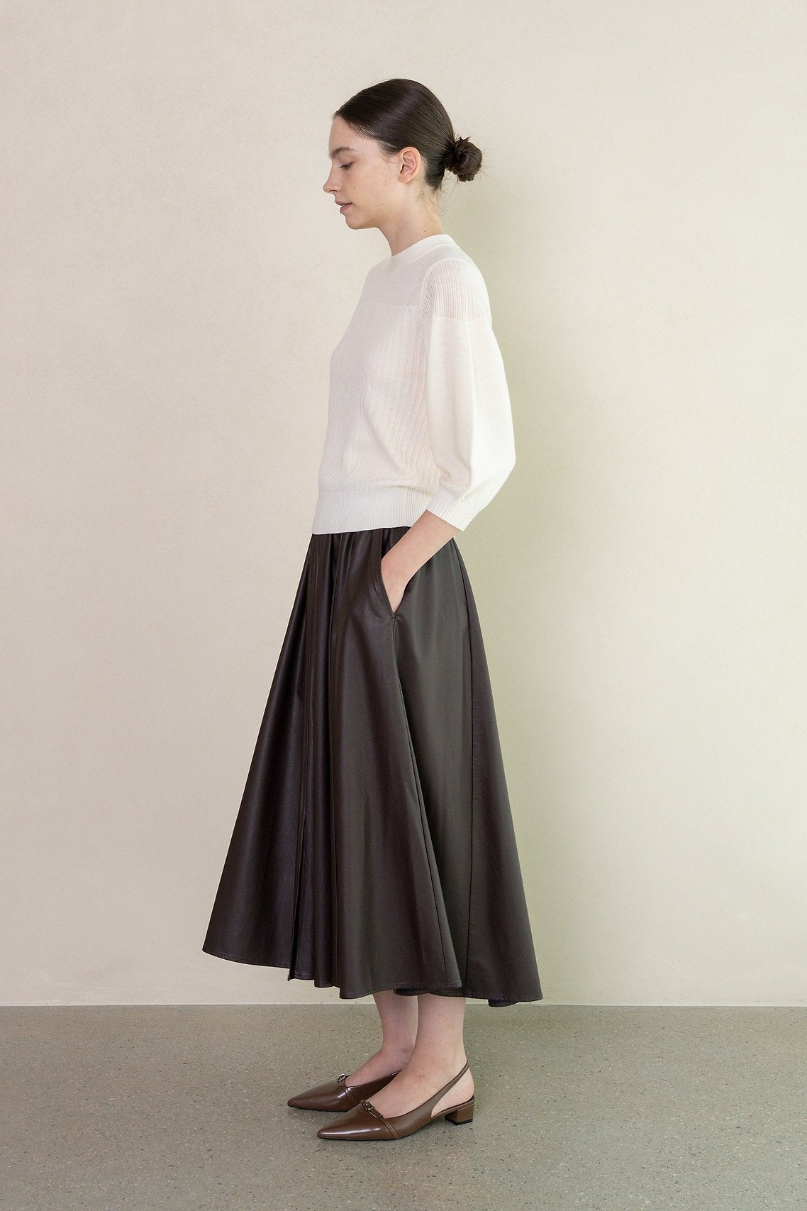 Faux Leather Pleated Midi Skirt
