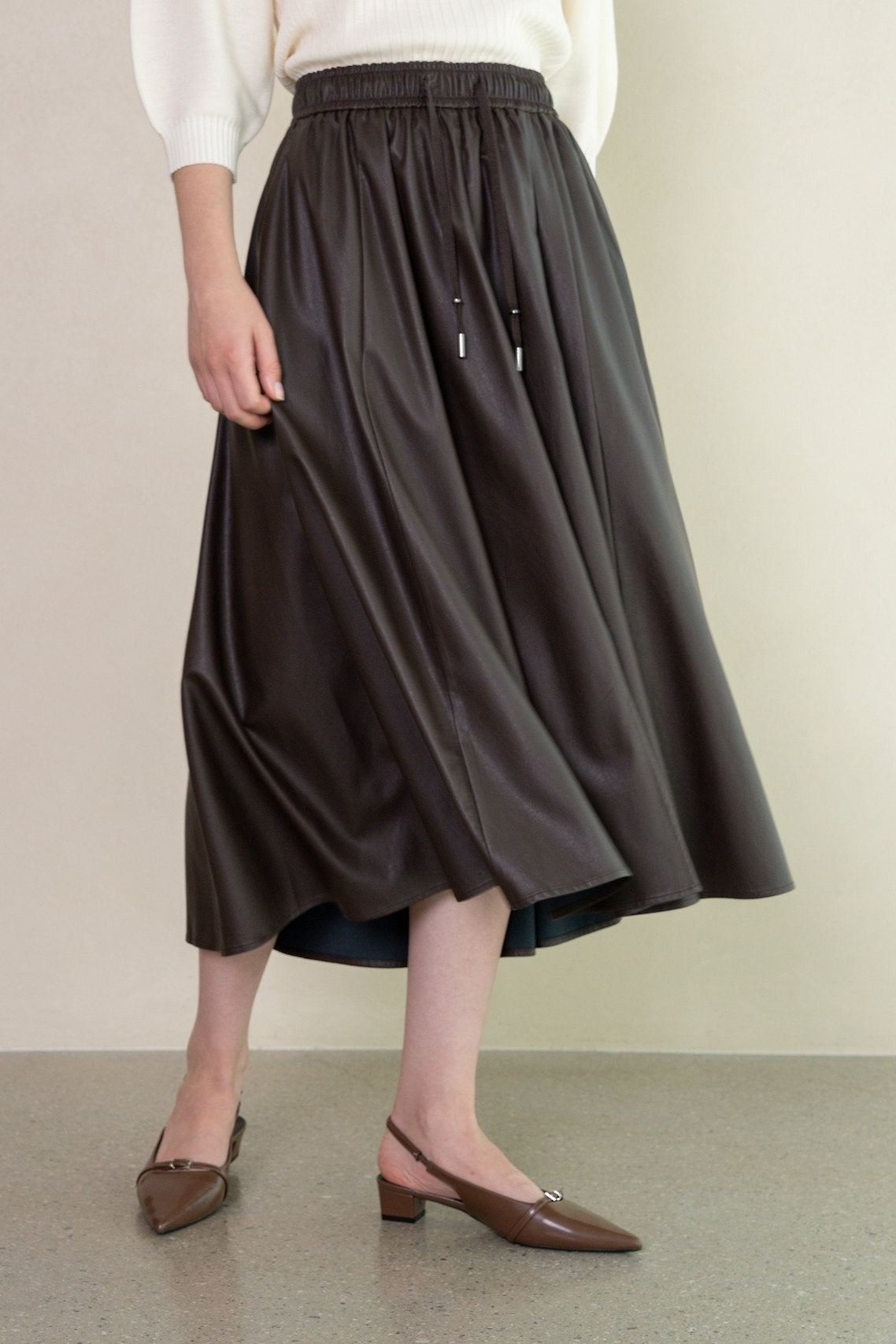 Faux Leather Pleated Midi Skirt
