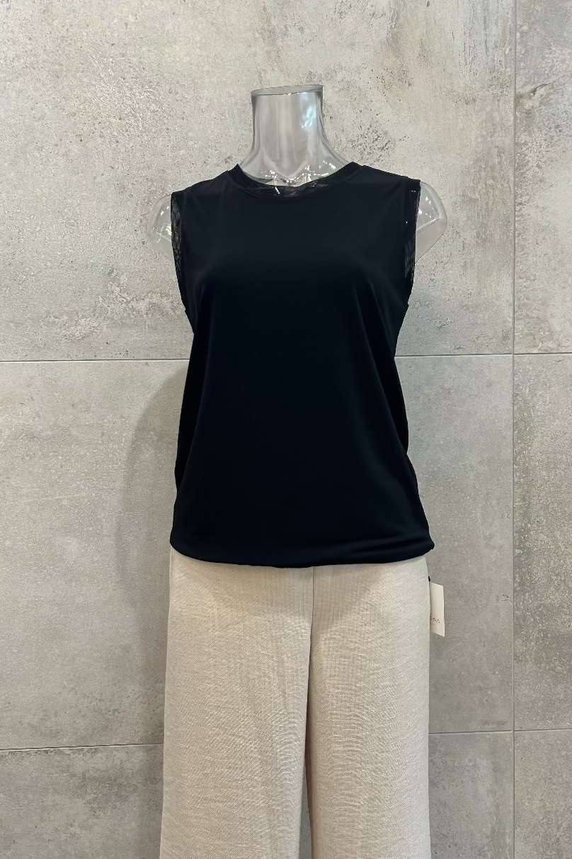 Mesh Trim Sleeveless T-Shirt