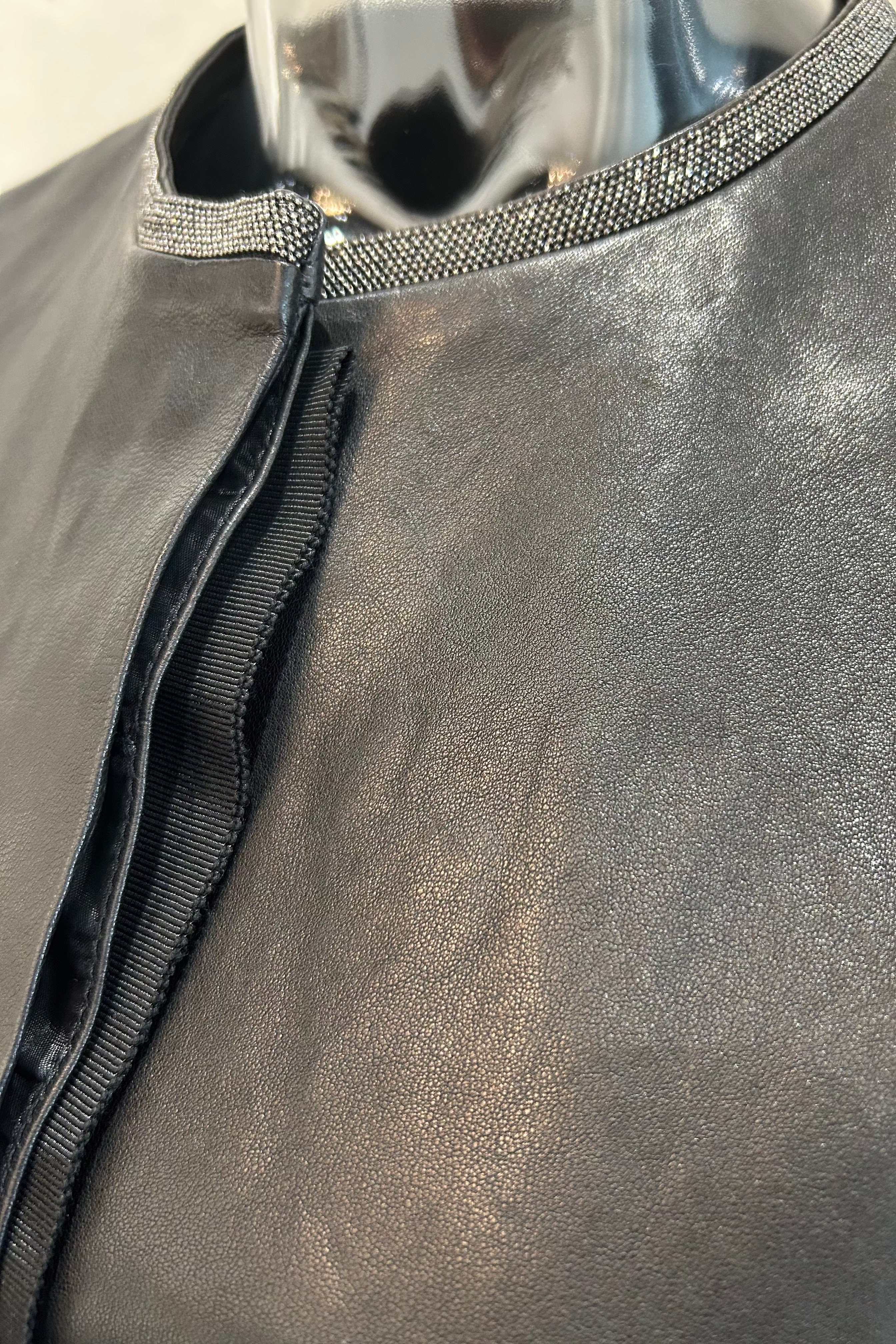 Sequin Crewneck Leather Jacket