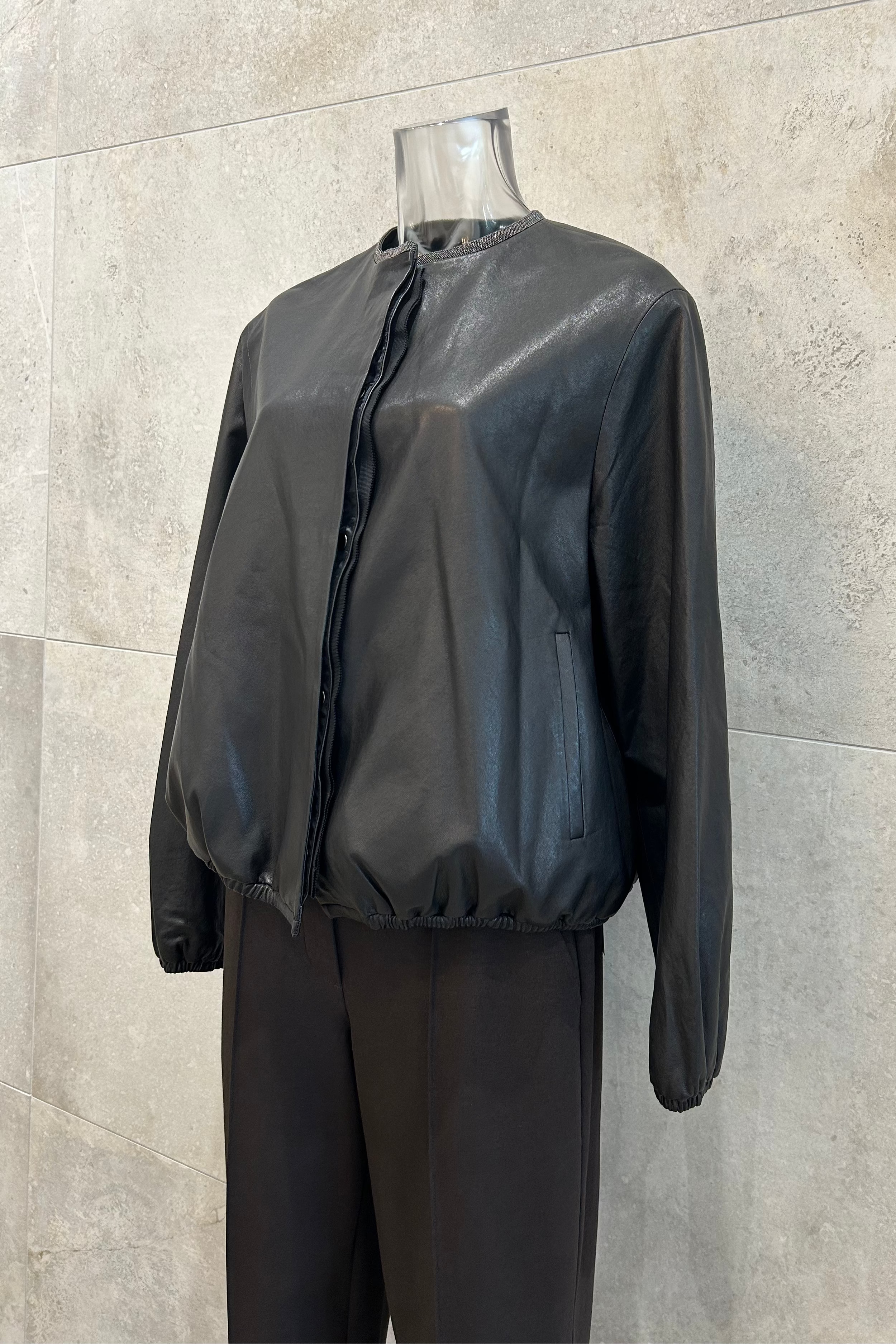 Sequin Crewneck Leather Jacket