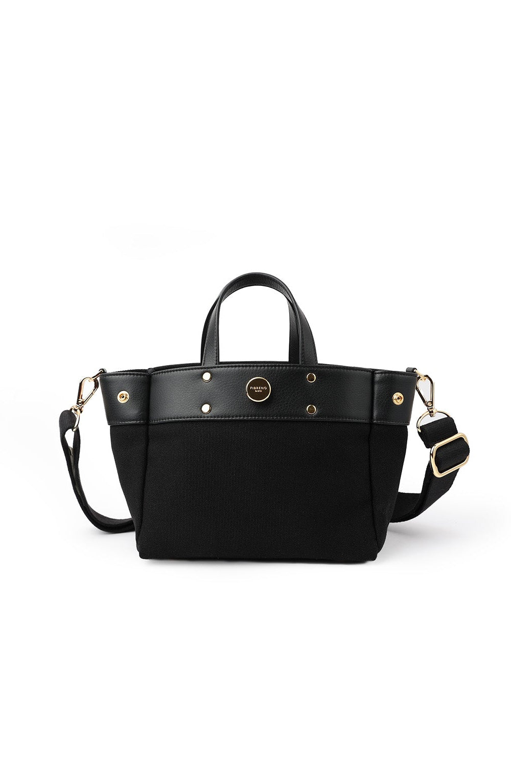 Black two-tone small tote bag with synthetic leather trim, gold-tone hardware, top handles, and an adjustable shoulder strap.