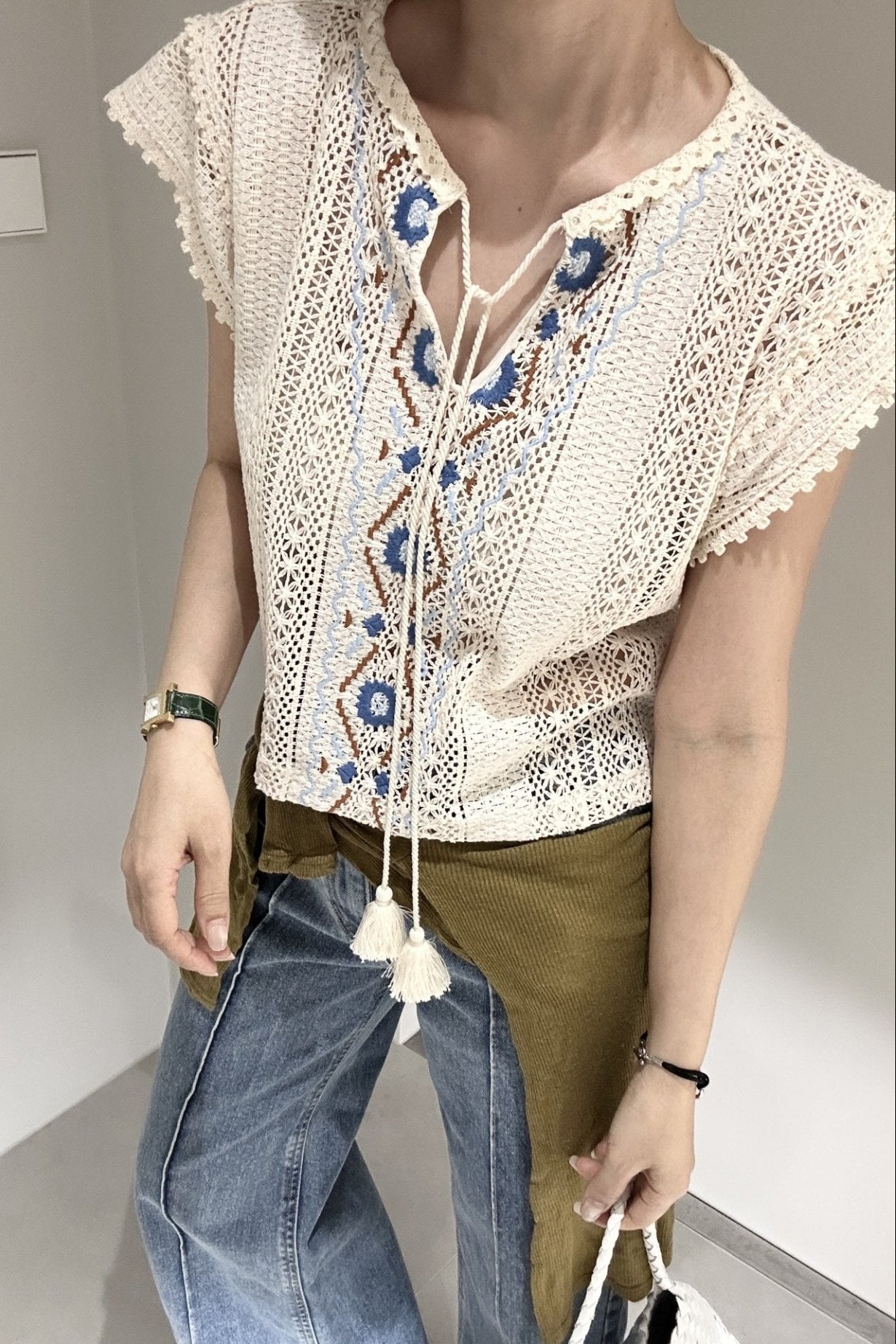 Embroidered Crochet Knit Top