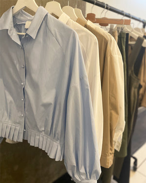 Pleated Bottom Button Front Blouson Blouse
